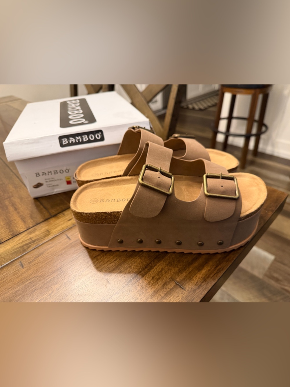 BAMBOO Two-Buckle Platform Slide Sandals in Tan Brown